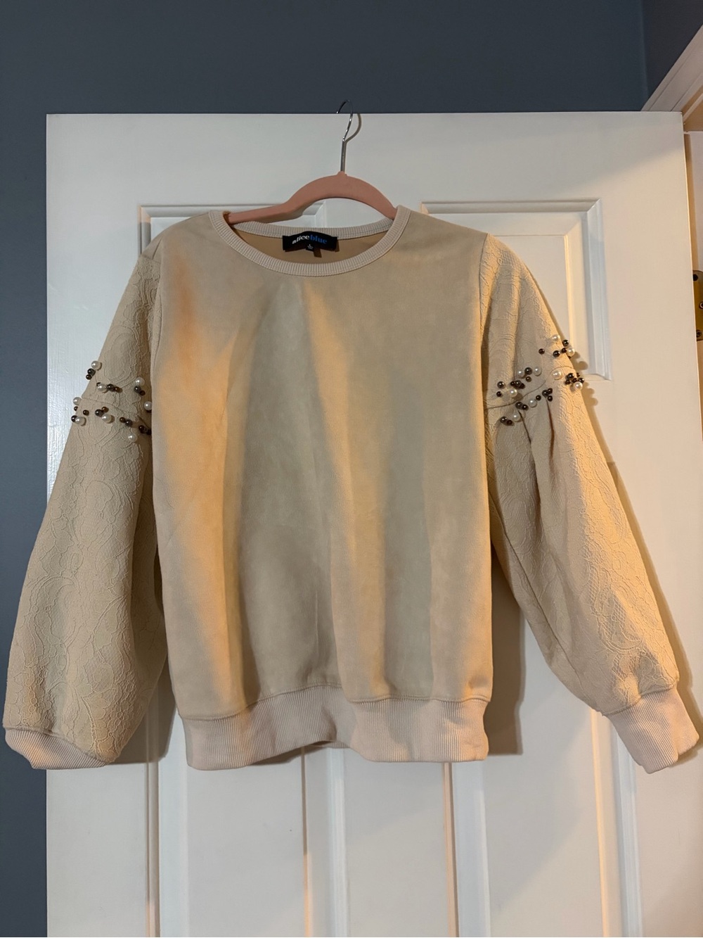 Alice Blue Beaded Puff-Sleeve Sweatshirt - Cream